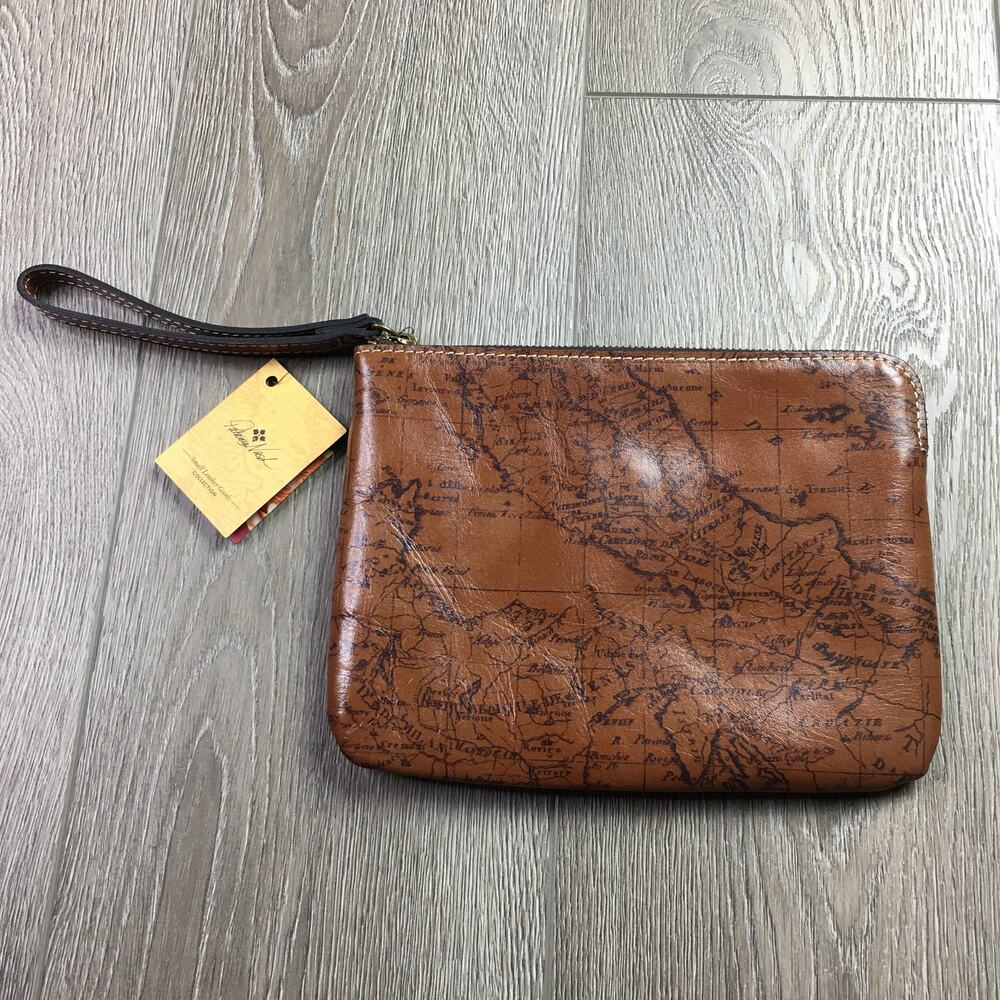 NWT Patricia Nash Riot Rust Map Zip Leather Pouch Wrist Wallet Brown